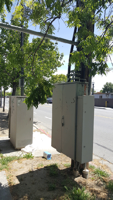 Utility pole with electric climbing space obstructed, San Jose, CA